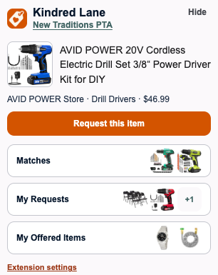 Kindred Lane extension showing community matches while shopping for a cordless drill